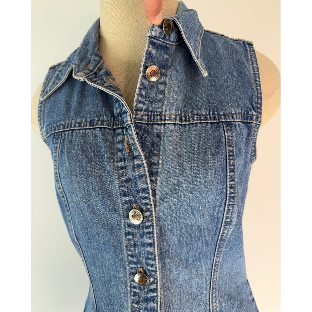 Vintage 90s Blue Denim Button Front Mini Dress Tunic Cardigan Cotton Cottage - Picture 4 of 9